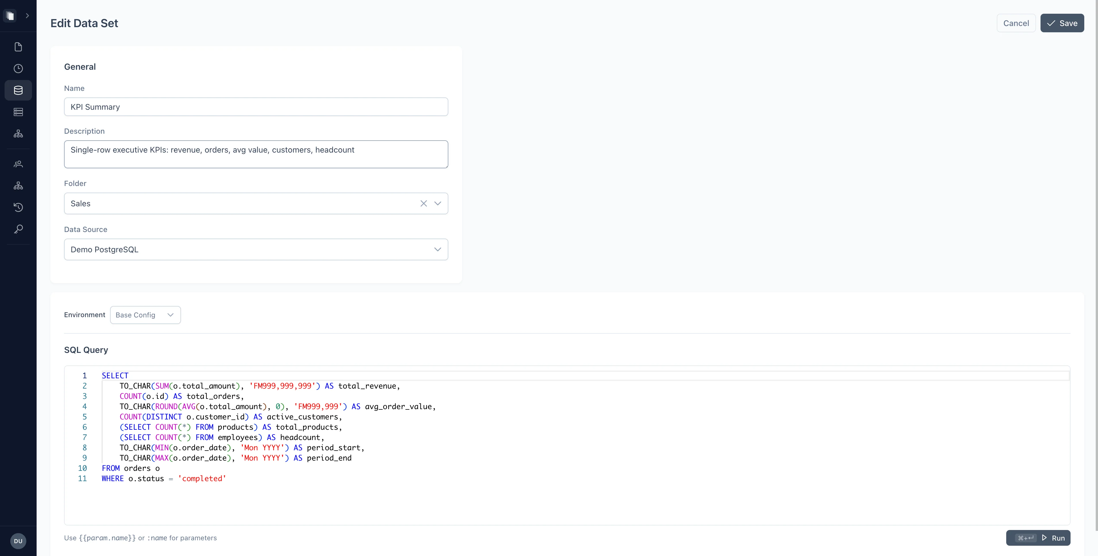 Data set editor with SQL query, parameters, and data source selection